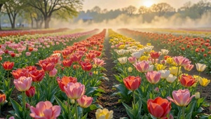 晨雾暖阳郁金香花田