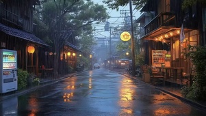 城市小镇傍晚大雨街道