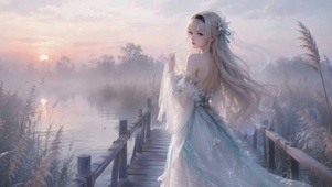 雾晨河边仙气银发美少女