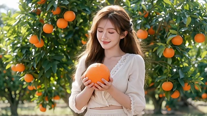 果园采橙的甜美笑容美女