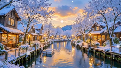 唯美雪天乡村水上小镇