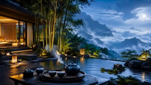 夜晚高山云雾小屋