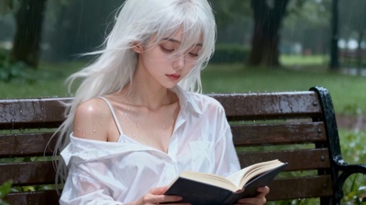 雨天长椅白发衬衫女孩