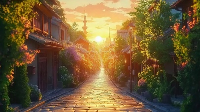 黄昏夕阳唯美小镇街道