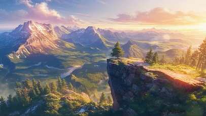 俯瞰落日山谷松林河流