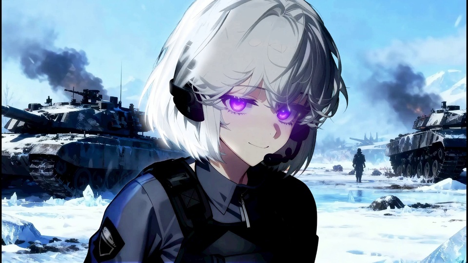 银发紫眼短发少女站在雪地战场，身后有冒黑烟的主战坦克与士兵剪影。