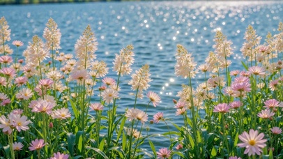 治愈湖畔花海风光
