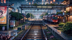 城市火车铁轨雨景
