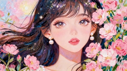 唯美粉花少女插画