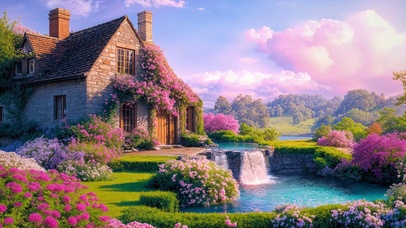 夏日湖边别墅流水