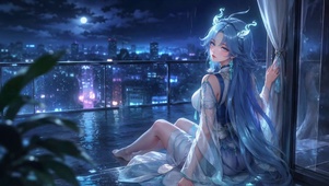 雨夜阳台少女-清宵