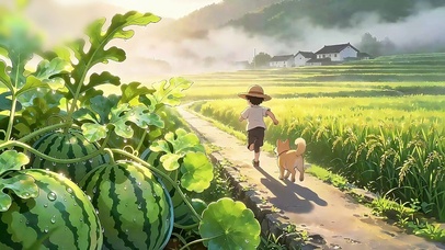 田园西瓜地的小孩与狗