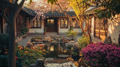 黄昏传统园林建筑之美