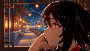 古风女子 夜景水巷灯笼