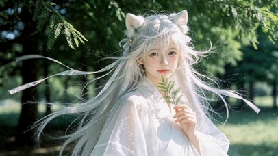 林间白发猫耳古风美少女