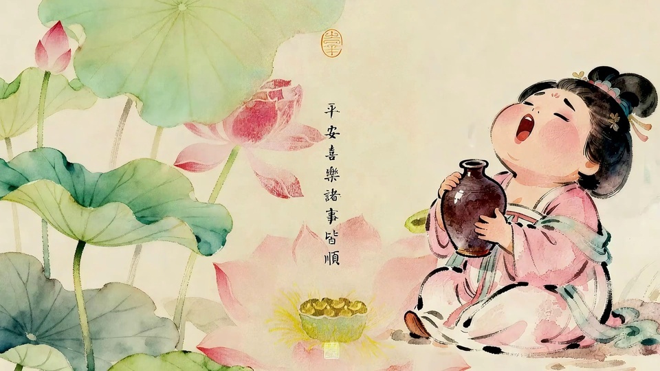 唐风胖仕女坐于荷塘边怀抱陶罐，旁侧配有平安喜乐诸事皆顺书法字样