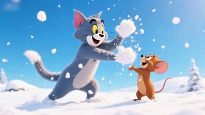 猫和老鼠在玩雪