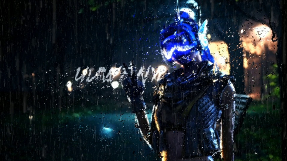 雨夜林间的蓝辉头盔人物，抬手比V字，雨珠覆满前景。