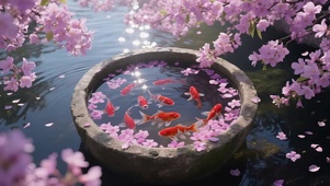 樱花树下水潭小鱼
