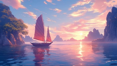 落日群岛海面帆船