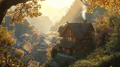 秋日黄昏山林小屋村落