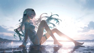 二次元少女-绿发-雨中湖畔日落