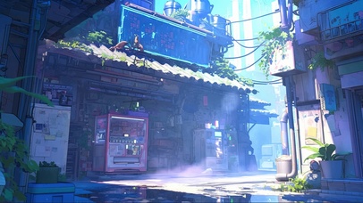 晨雾赛博城市街道商铺