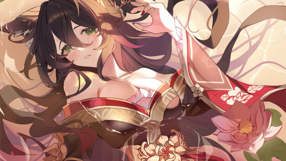 暖调古风插画狐耳绿瞳少女，黑棕长发配荷花纹样服饰，柔焦背景。