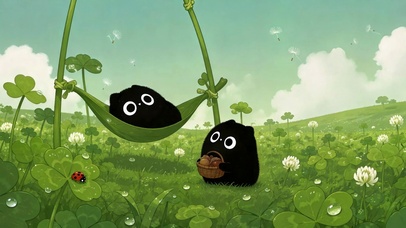 清新草地可爱小黑球