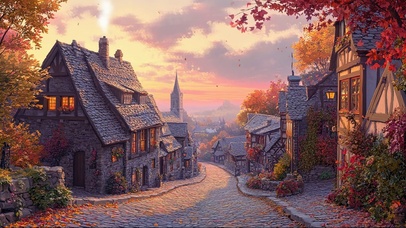 秋日晚霞欧洲小镇街景