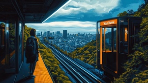 城市高山缆车站台少女
