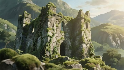 清新阳光废弃石头小屋