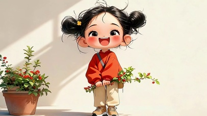 可爱女孩手拿花草