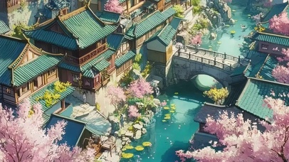 蓝色古城春日粉樱河流