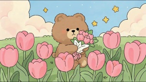 郁金香花丛中的小熊