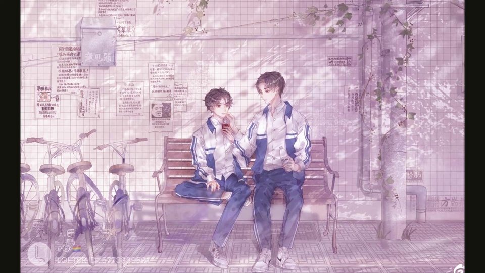 淡紫手绘插画，两名穿蓝白校服的少年坐在长椅上，靠墙停放三辆自行车