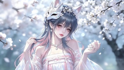 樱花树下面具狐耳少女