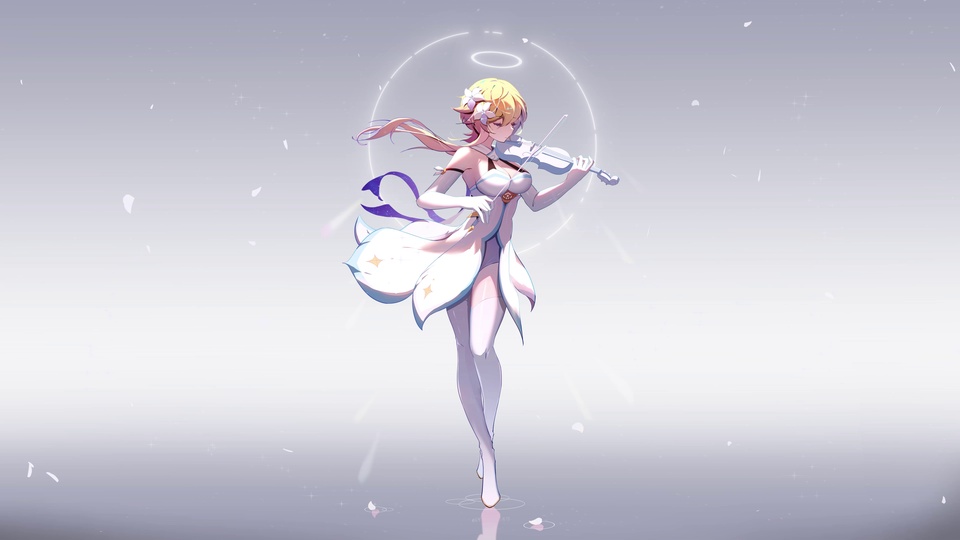二次元插画风格的原神角色荧身着带浅金装饰的白裙，正低头演奏白色小提琴，周身环绕发光光环，白色花瓣在浅灰渐变的空灵背景中缓缓飘落，整体画面清新柔和。