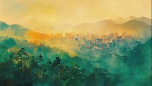 朦胧黄昏森林远眺城市