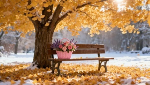 深秋初冬下月黄色落叶公园长椅