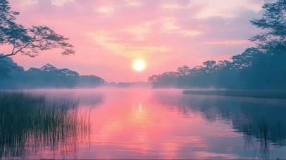 粉色晚霞落日森林湖泊