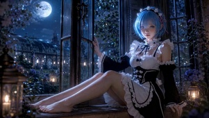 月夜窗边的女仆雷姆