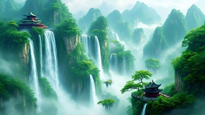 绿色国风山水瀑布