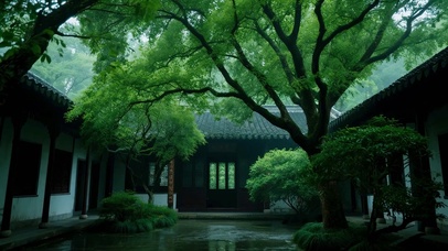 雨天古风庭院