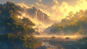 日出迷雾山林湖泊