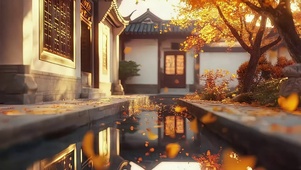 秋日庭院金色落叶池塘