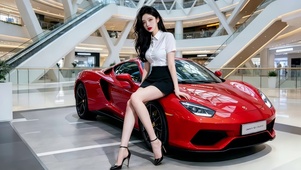 商场展区倚靠红色超跑的车模美女