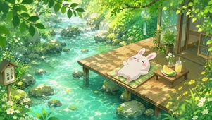 夏日溪边治愈可爱小兔