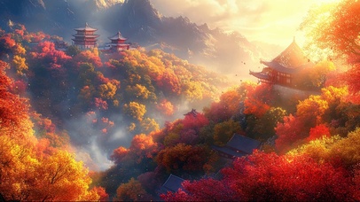 秋日红叶山坡古镇建筑