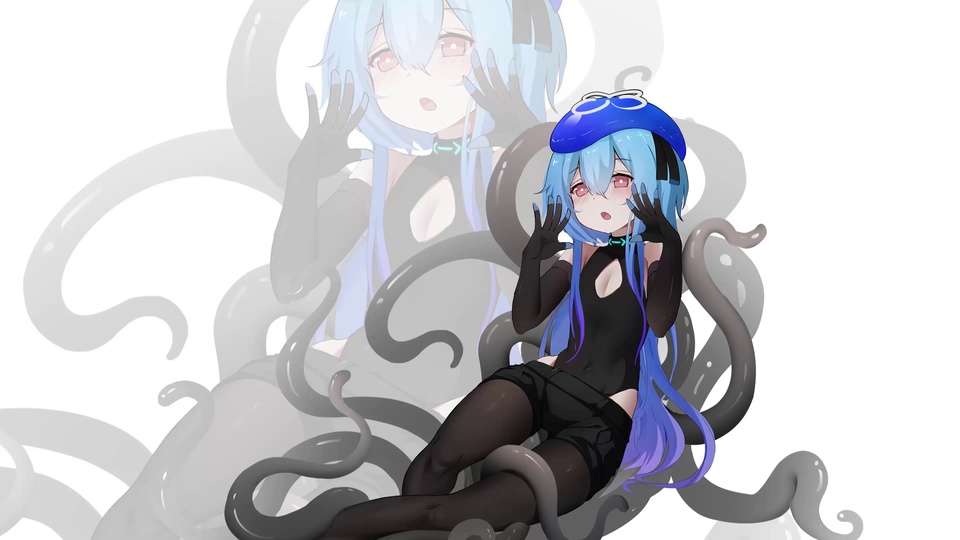 蓝发紫渐变少女身着黑色服饰端坐触手间，身后叠加半透明同形象水印。